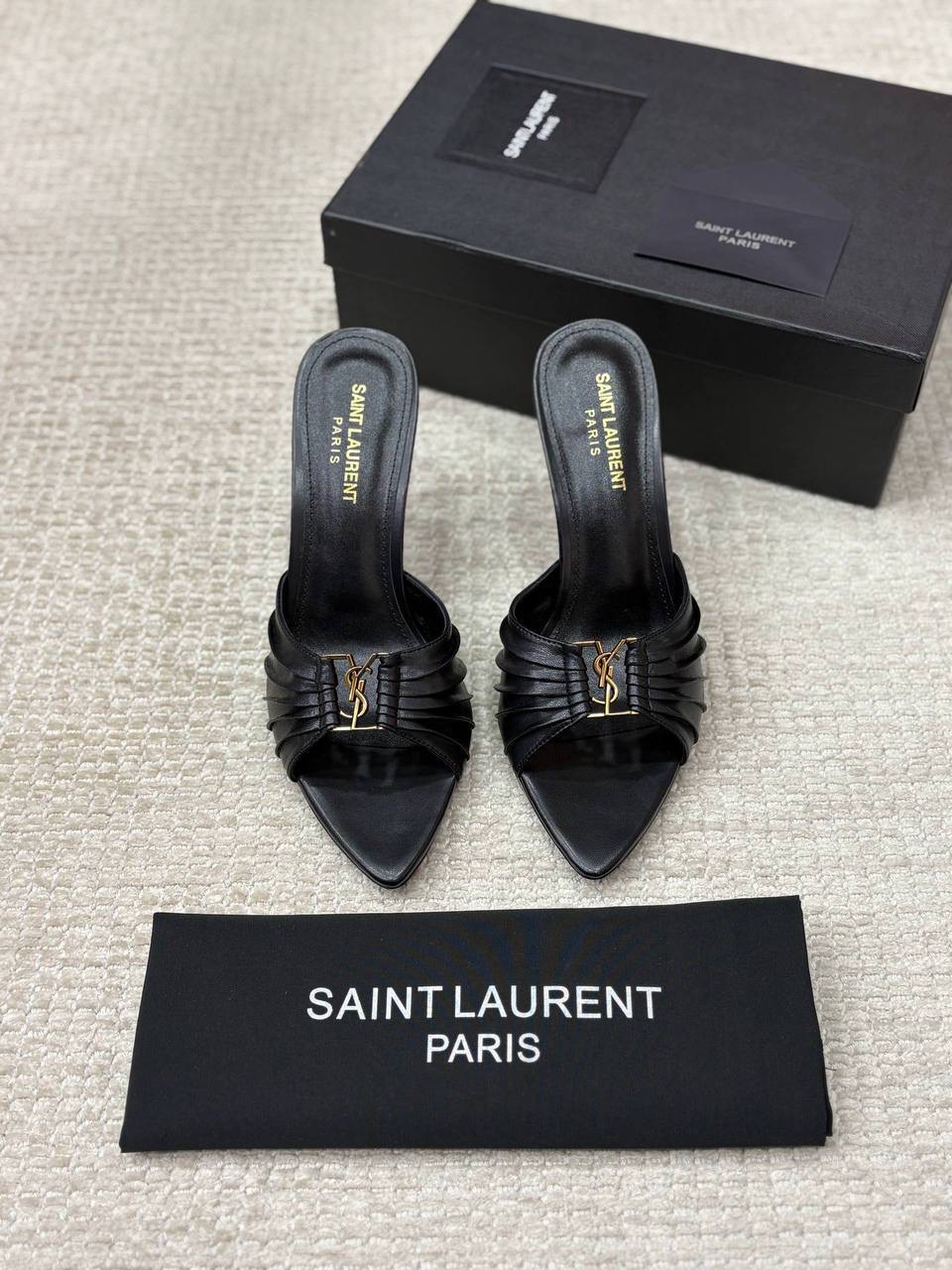 YSL Monogram Ruched Leather Mules
